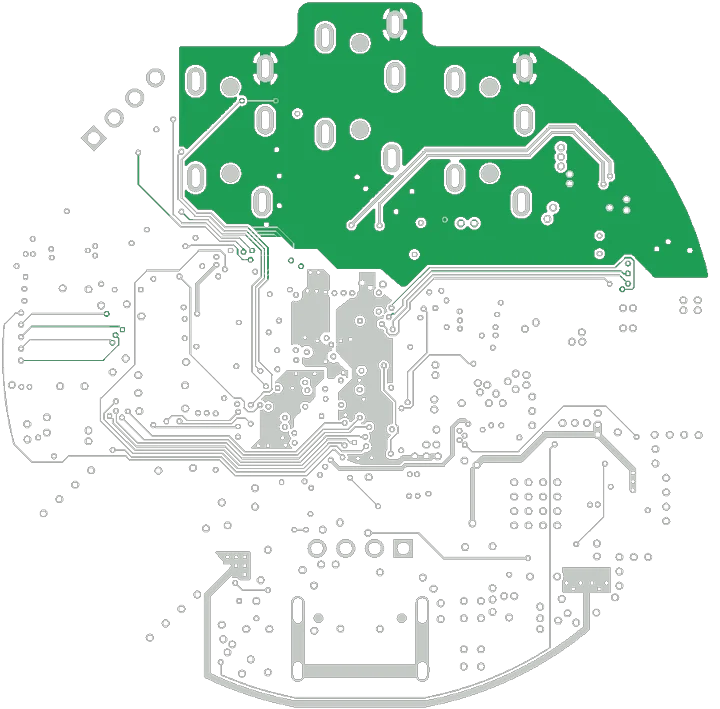 The same layer in v2, with the added ground plane and rerouted traces in green