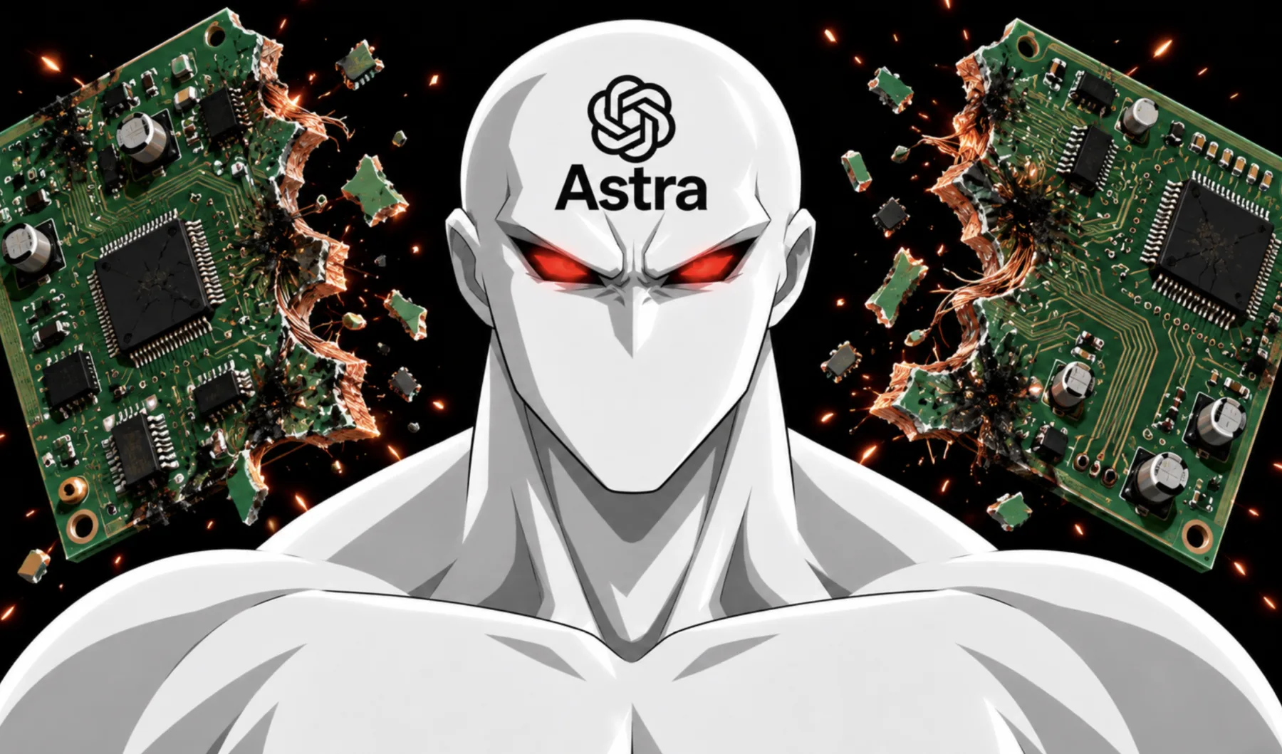 Astra, a white figure with glowing red eyes, surrounded by broken circuit boards